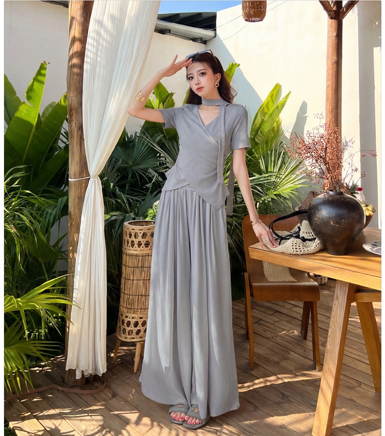 Wide leg long pants summer tops a set for women