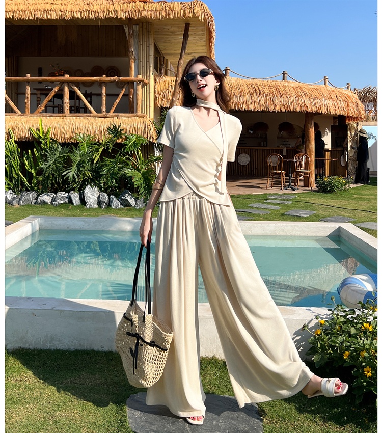 Wide leg long pants summer tops a set for women