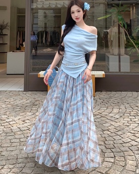 Tender plaid tops temperament skirt 2pcs set for women