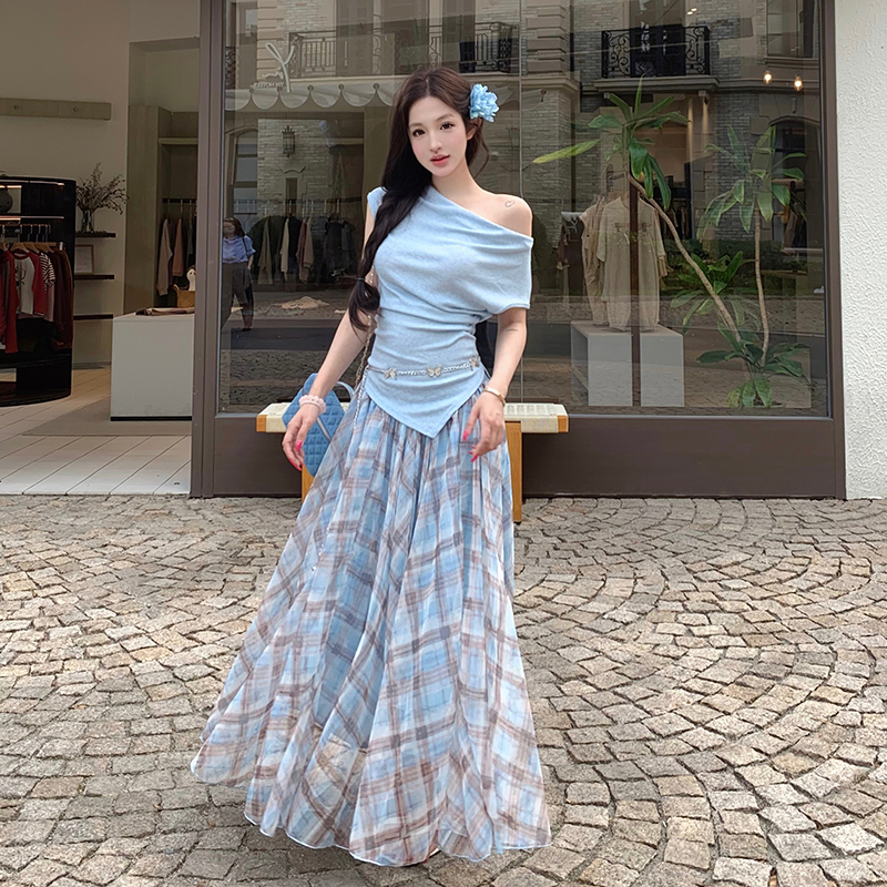 Tender plaid tops temperament skirt 2pcs set for women