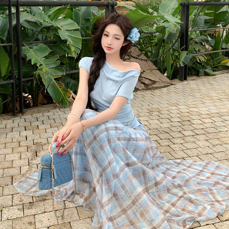 Tender plaid tops temperament skirt 2pcs set for women