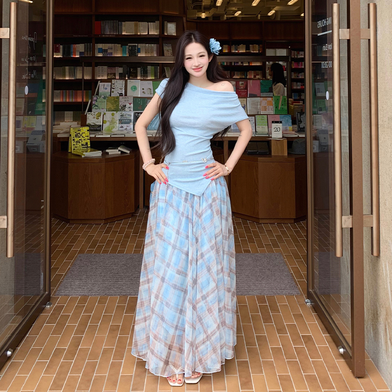 Tender plaid tops temperament skirt 2pcs set for women