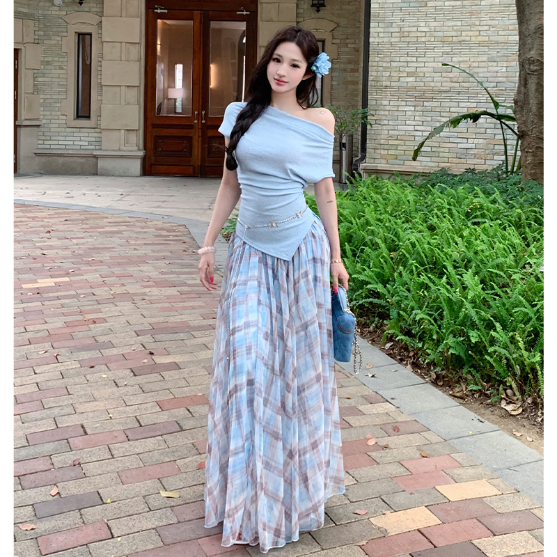 Tender plaid tops temperament skirt 2pcs set for women