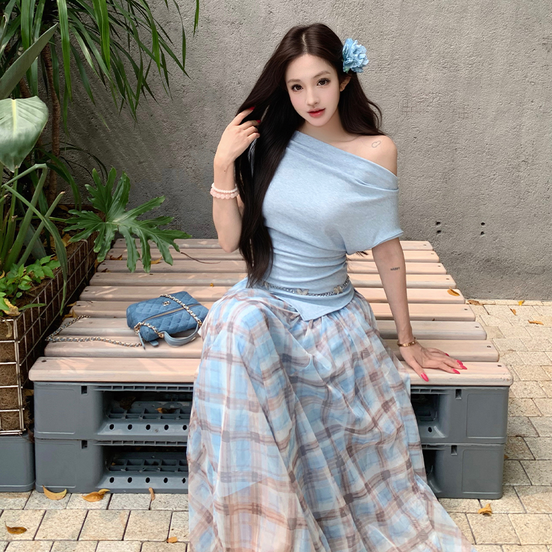 Tender plaid tops temperament skirt 2pcs set for women