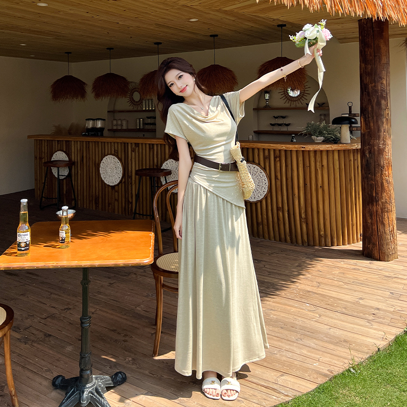 Temperament minimalist short T-shirt slim summer skirt 2pcs set