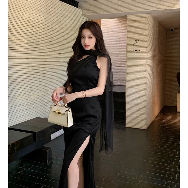 Sloping shoulder dress France style long dress for women