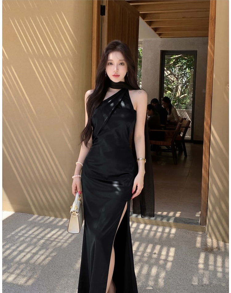 Sloping shoulder dress France style long dress for women