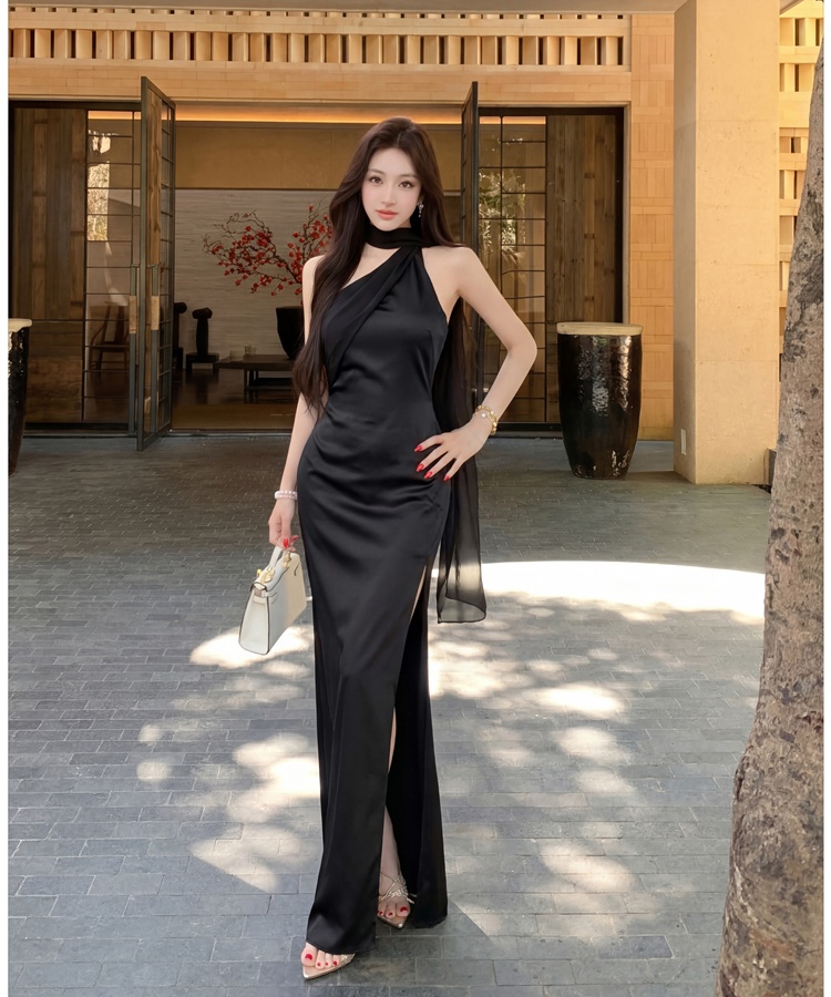 Sloping shoulder dress France style long dress for women