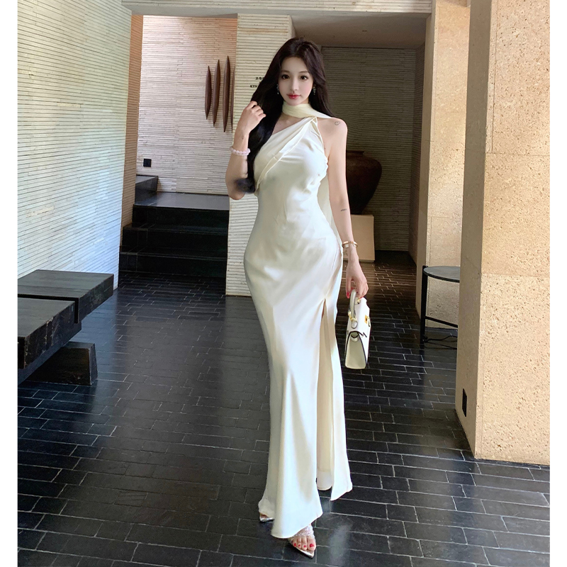 Sloping shoulder dress France style long dress for women