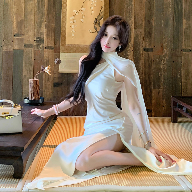 Sloping shoulder dress France style long dress for women