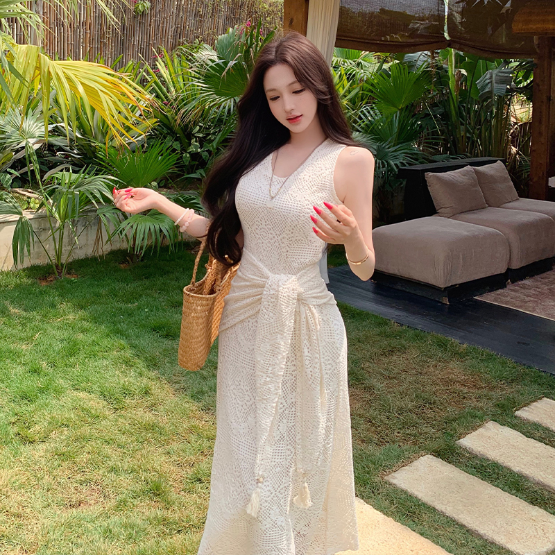Retro lace summer shawl slim V-neck dress for women
