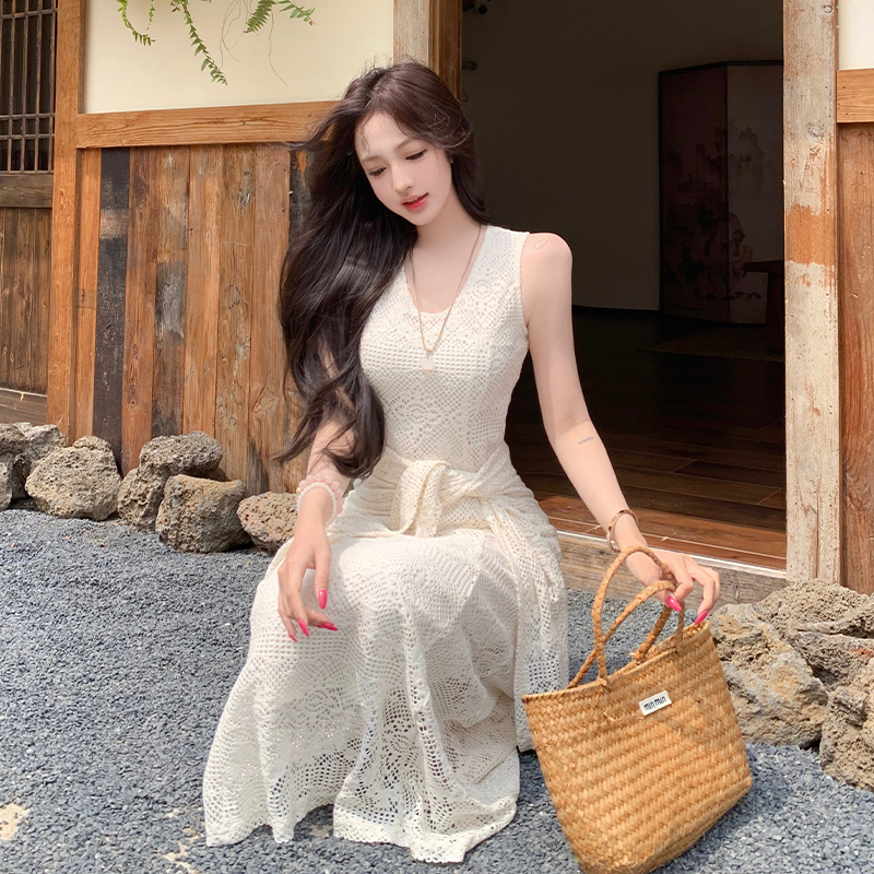 Retro lace summer shawl slim V-neck dress for women