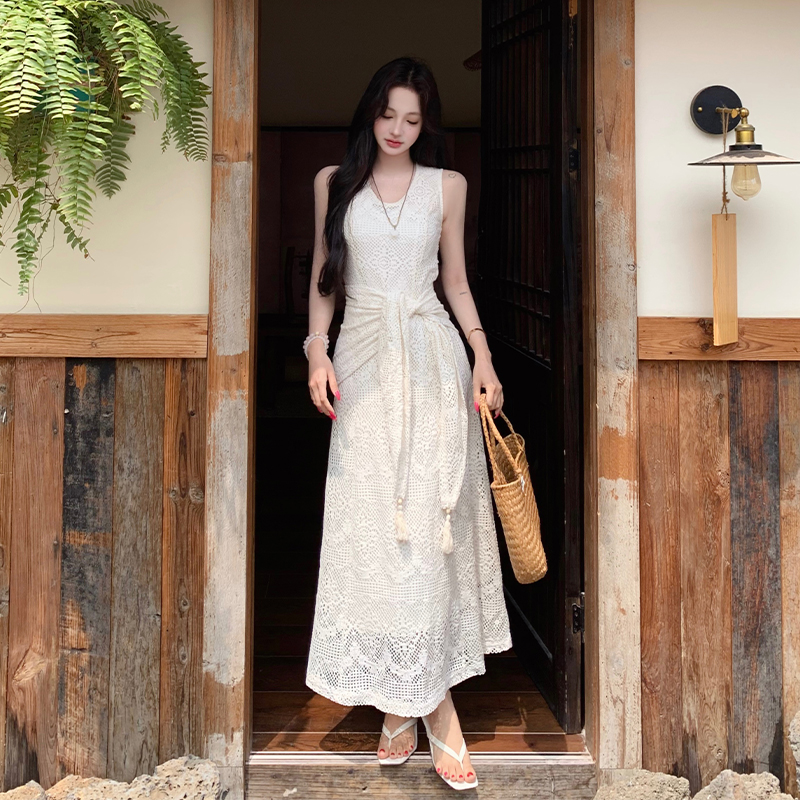 Retro lace summer shawl slim V-neck dress for women