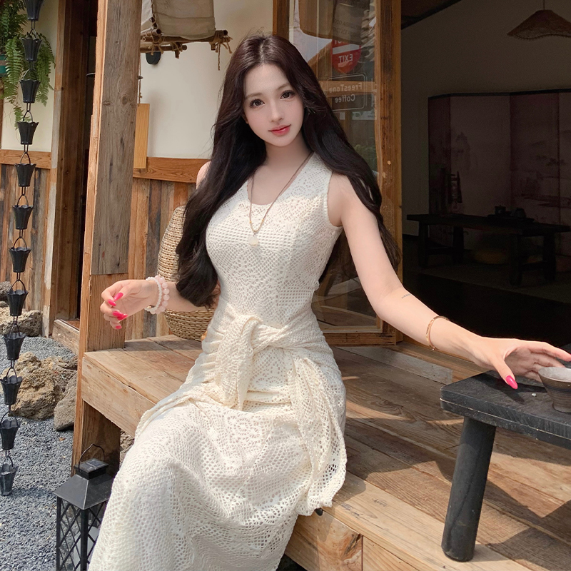 Retro lace summer shawl slim V-neck dress for women