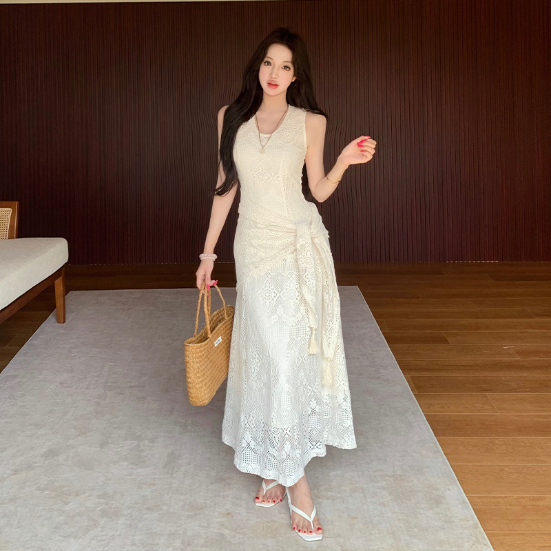 Retro lace summer shawl slim V-neck dress for women