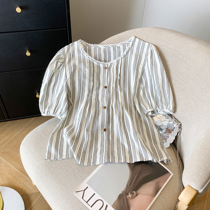 Sweet bubble tops round neck short sleeve shirt