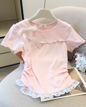 Short bow sweet T-shirt pinched waist slim tops for women
