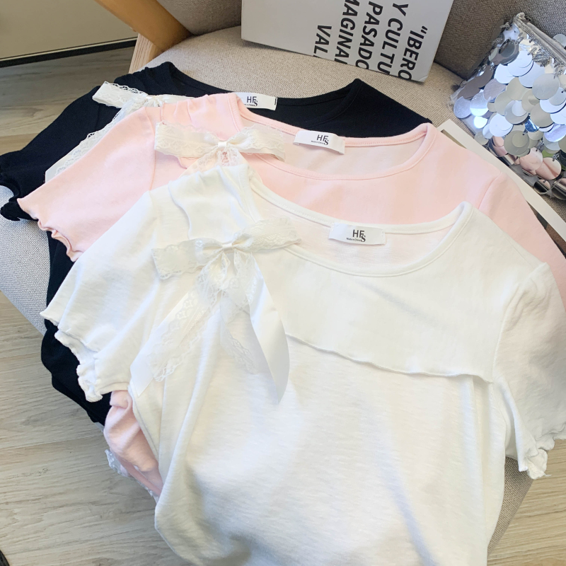 Short bow sweet T-shirt pinched waist slim tops for women