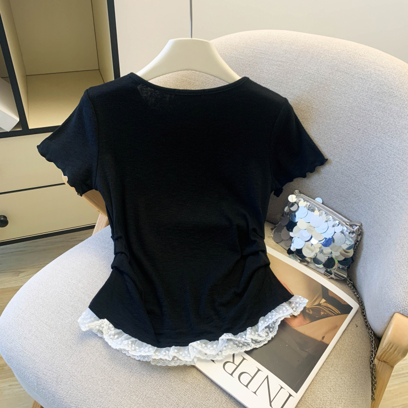 Short bow sweet T-shirt pinched waist slim tops for women