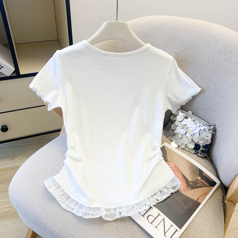 Short bow sweet T-shirt pinched waist slim tops for women