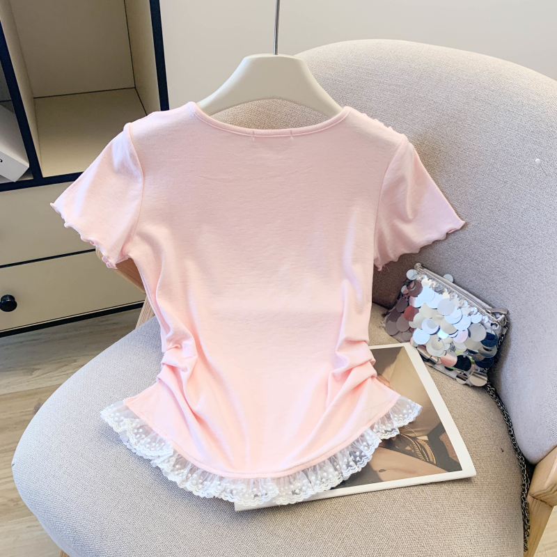 Short bow sweet T-shirt pinched waist slim tops for women