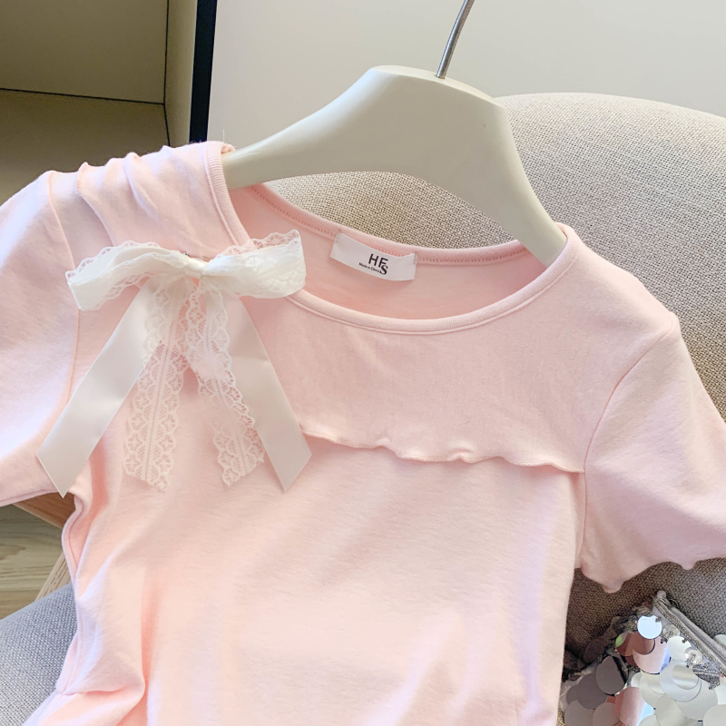 Short bow sweet T-shirt pinched waist slim tops for women