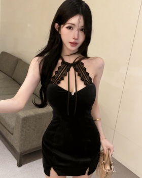 Bottoming short velvet splice package hip sexy dress