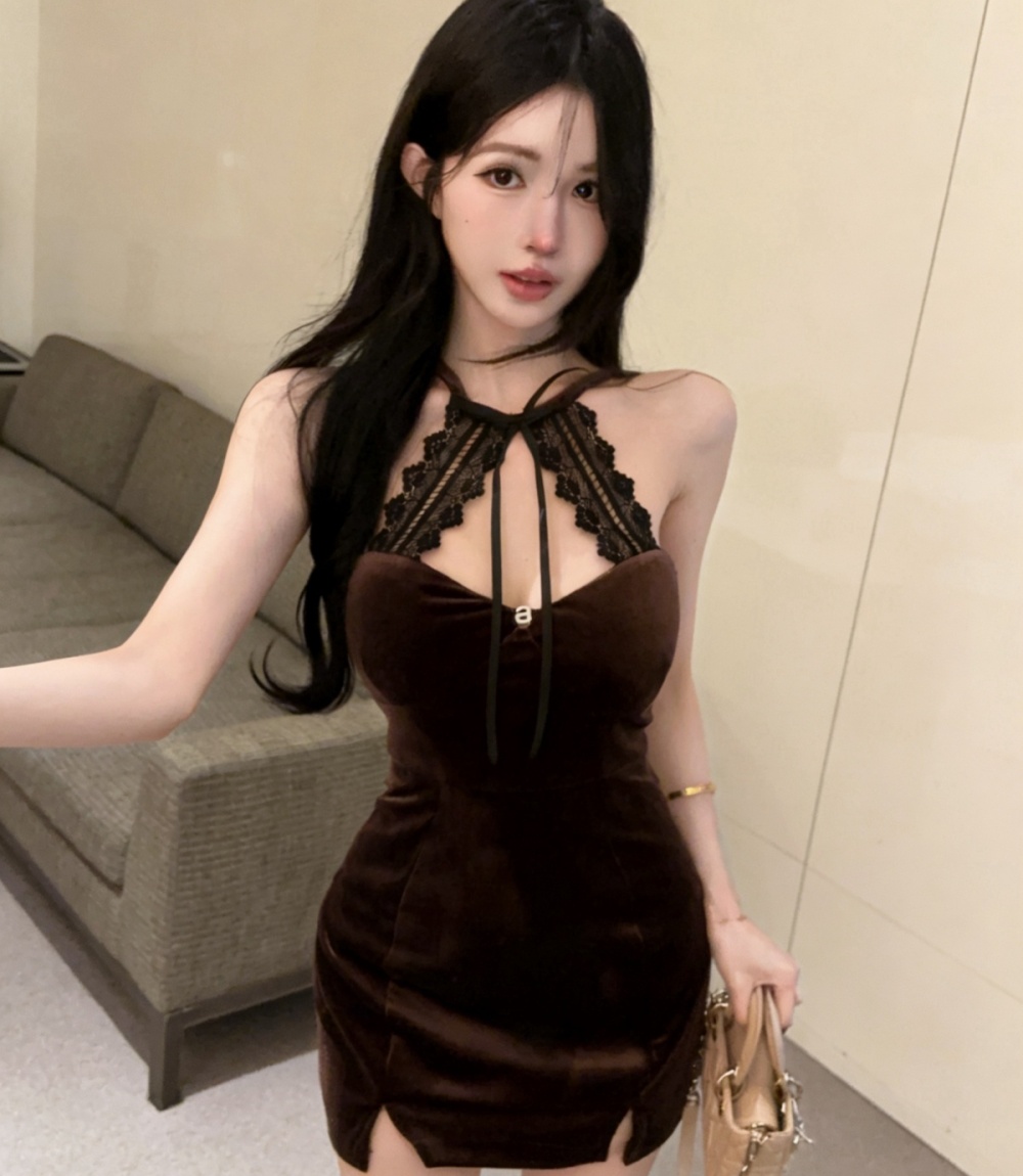 Bottoming short velvet splice package hip sexy dress