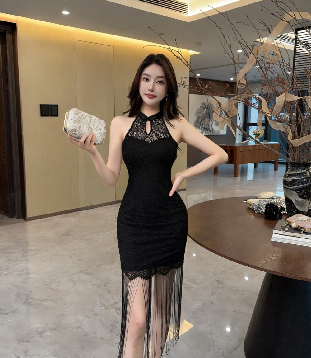 Tassels package hip sexy cheongsam gauze light dress