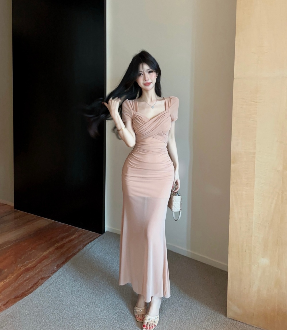 Vacation slim dress V-neck cross long dress for women