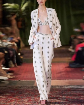 Beading business suit rhinestone long pants 2pcs set