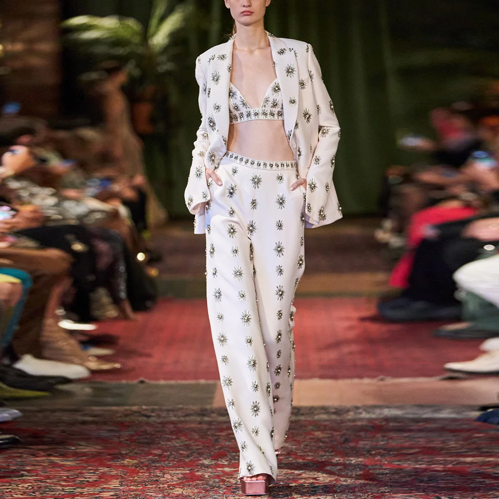 Beading business suit rhinestone long pants 2pcs set