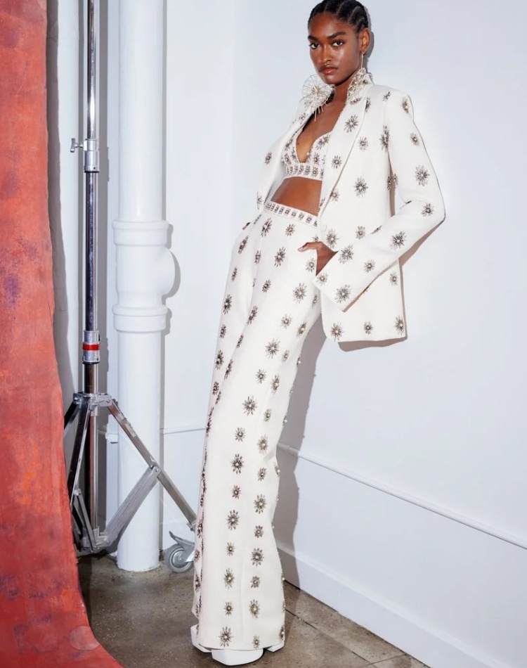 Beading business suit rhinestone long pants 2pcs set