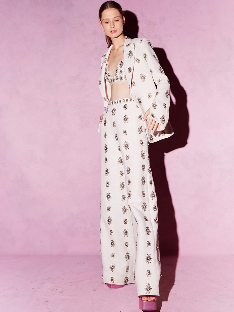 Beading business suit rhinestone long pants 2pcs set