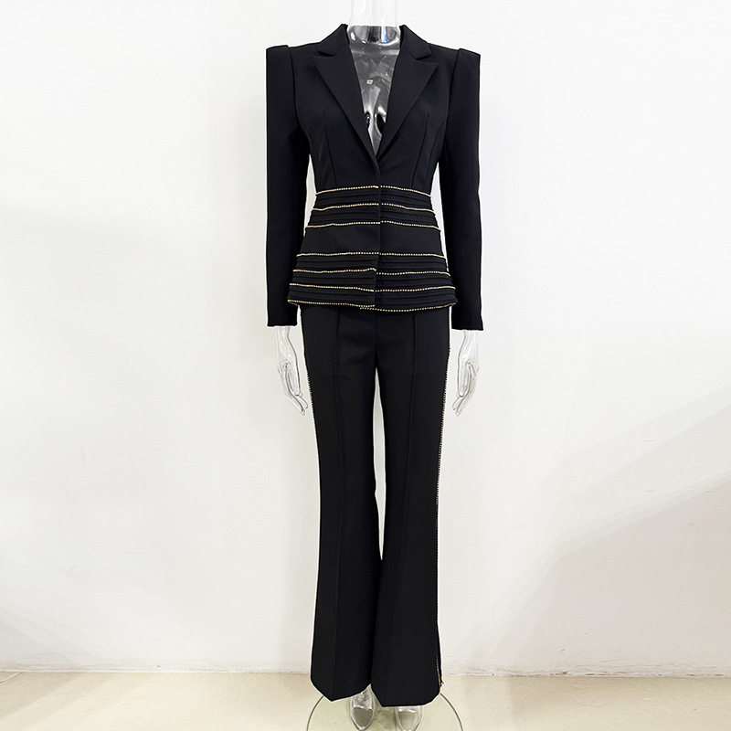 Chain European style long pants slim business suit 2pcs set