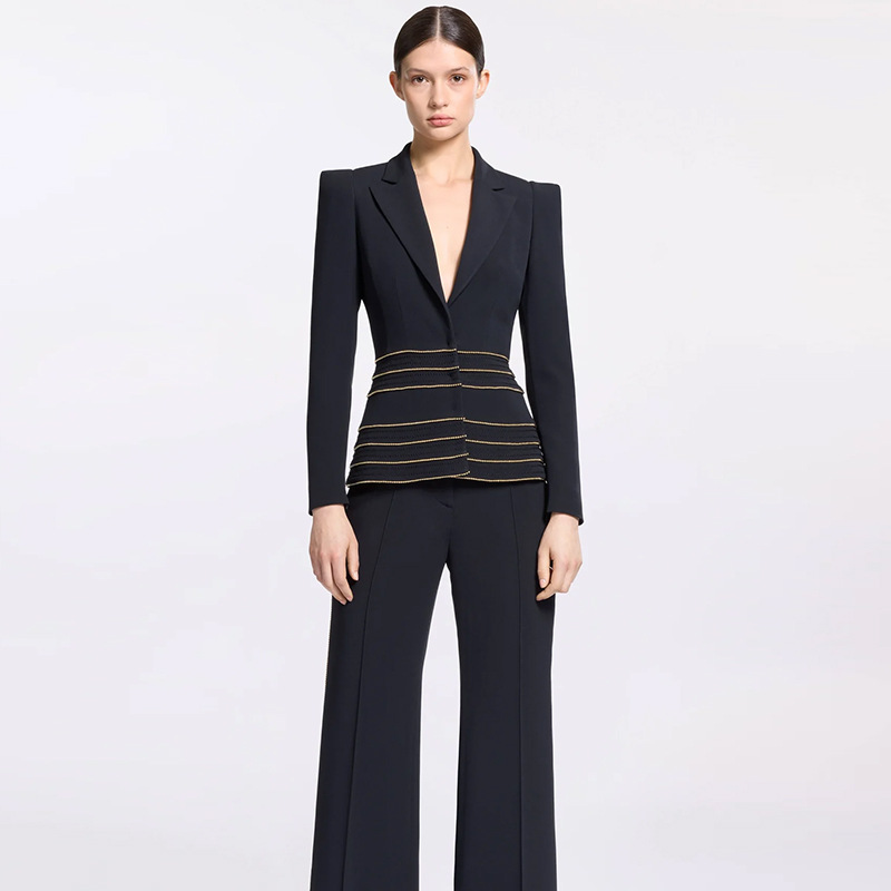 Chain European style long pants slim business suit 2pcs set