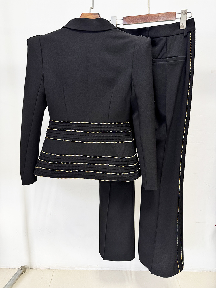 Chain European style long pants slim business suit 2pcs set