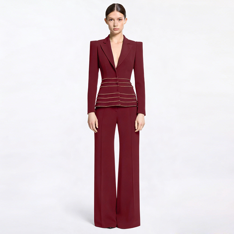 Chain European style long pants slim business suit 2pcs set