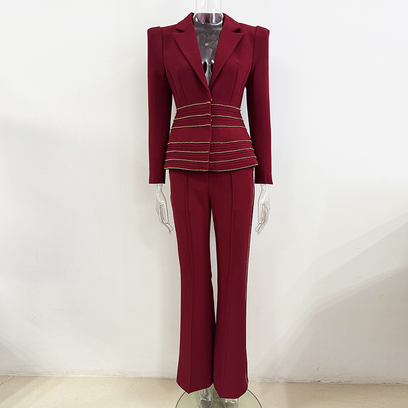 Chain European style long pants slim business suit 2pcs set