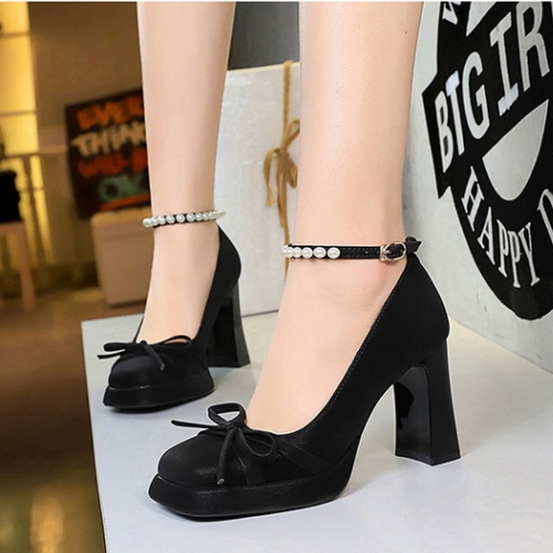 Bow square head high-heeled shoes low platform for women