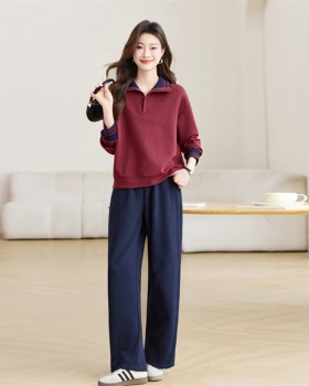 Spring half zip wide leg pants 2pcs set for women