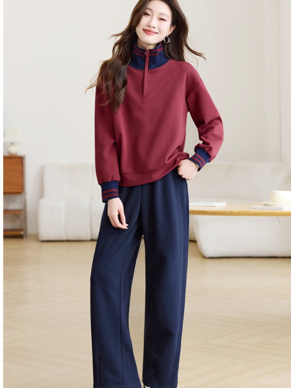 Spring half zip wide leg pants 2pcs set for women