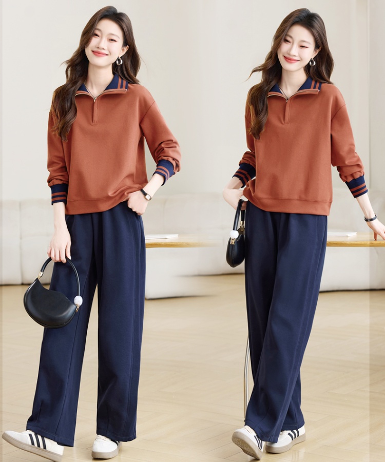Spring half zip wide leg pants 2pcs set for women