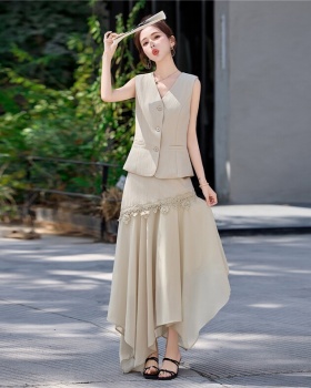 Lace splice skirt V-neck waistcoat 2pcs set