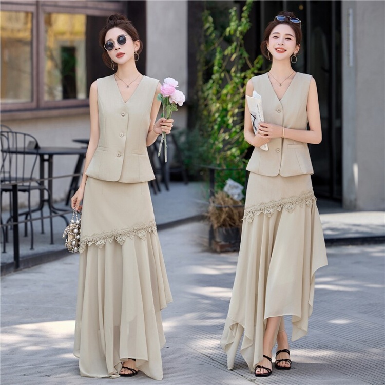 Lace splice skirt V-neck waistcoat 2pcs set