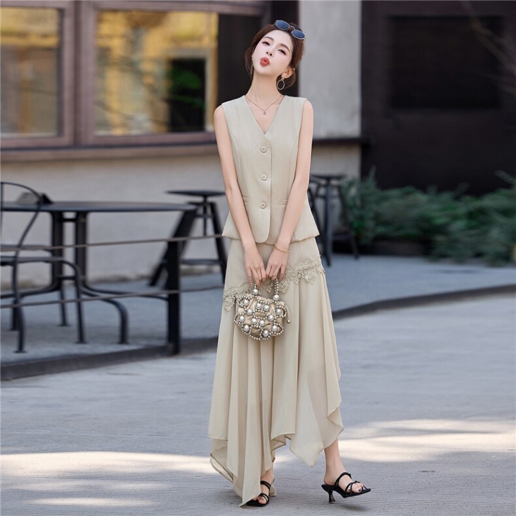 Lace splice skirt V-neck waistcoat 2pcs set