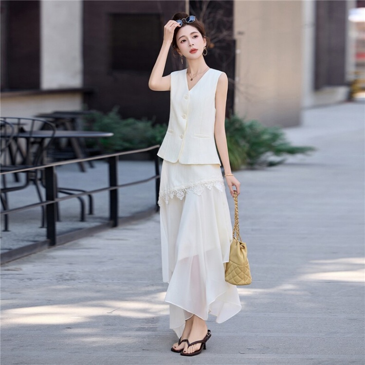 Lace splice skirt V-neck waistcoat 2pcs set