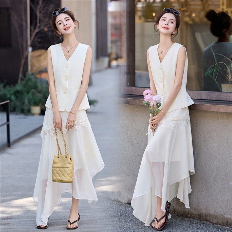 Lace splice skirt V-neck waistcoat 2pcs set