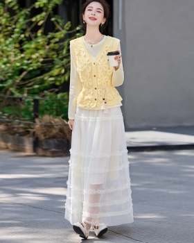 Gauze hollow T-shirt chiffon crochet skirt 3pcs set