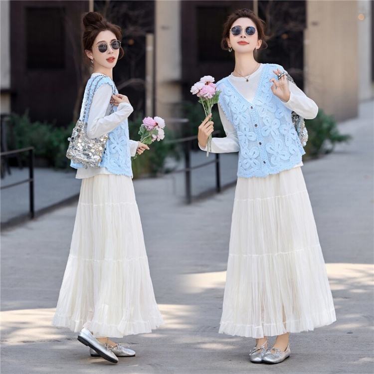 Gauze hollow T-shirt chiffon crochet skirt 3pcs set